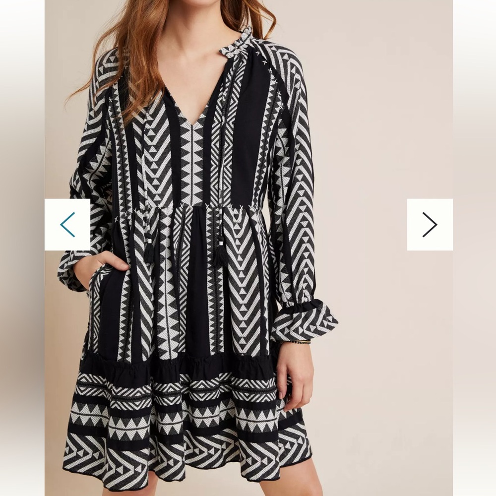 Maeve Anthropologie Dominique Tunic Dress Black White Tribal Embroidered small
